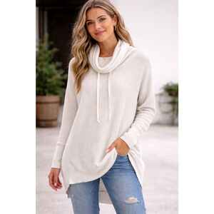 Cynthia Rowley Active Waffle Knit Cowl Neck Tunic Sweater L Cozy Lounge OffWhite